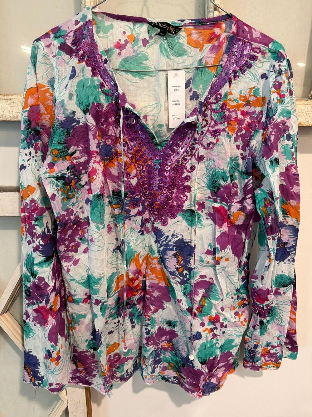 NWT Chaundry size large colorful blouse top with beading and embroidery